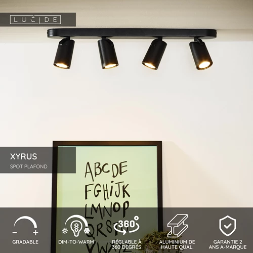 Lucide XYRUS - Spot plafond - LED Dim to warm - GU10 - 4x5W 2200K/3000K - Noir - USP
